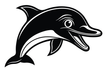 A stylized black dolphin with open mouth and eye is jumping with joy