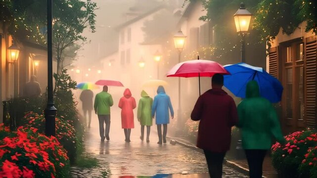a serene holiday scene on a misty rainy day, with people of diverse skin tones and ages, some with colorful raincoats and umbrellas, walking along a cobblestone street lined with vibrant flowers and l