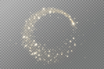 Golden glitter circle with sparkling lights, glow, and magic dust effect. Perfect for Christmas, party designs, celebration banners, and festive overlays. Remove transparent background in vector file.