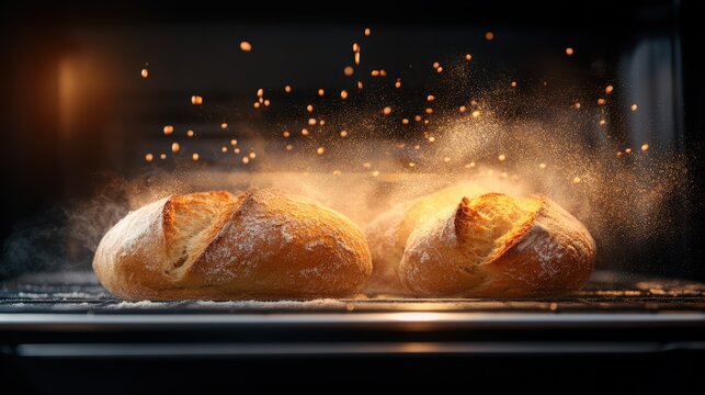 Two crusty artisan loaves are baking in the oven, releasing fragrant steam and showcasing the golden crusts that symbolize warmth, home, and the art of baking.