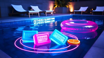 Aetheria soaps floating in a pool with a pink floatie and lounge chairs in the background at night time