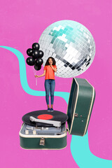 Photo collage template trend artwork of discoball young lady big size vinyl record hold air balloon...