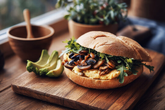 A hearty breakfast sandwich loaded with eggs, mushrooms, and fresh greens sits on a wooden board next to sliced avocado, showcasing a delicious start to the day