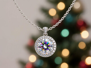 A magnificent round gemstone pendant, displaying brilliant facets and vibrant reflections, hangs from a delicate silver chain against a softly blurred background of festive Christmas lights.
