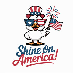 Cute duck with top hat and sparkler smiling under shine on America message with red blue balloons  