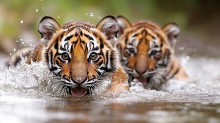 Obraz premium Two adorable tiger cubs swim joyfully in water, exemplifying playfulness and natural beauty, capturing the essence of wildlife in a stunning and vibrant natural setting.