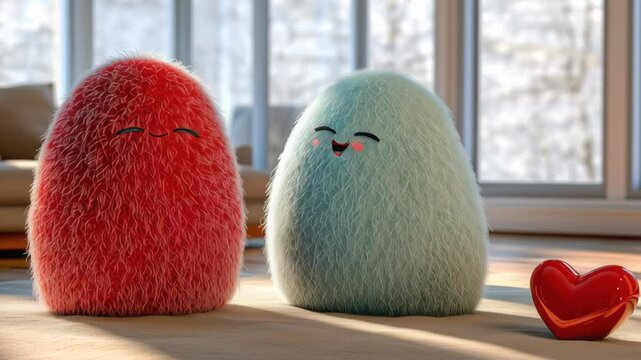 Super cute and cuddly couple of fluffy creatures in a cosy home with modern decor, sharing an alternative and funny love story. Perfect for wedding, engagement, anniversary, and valentine themes.