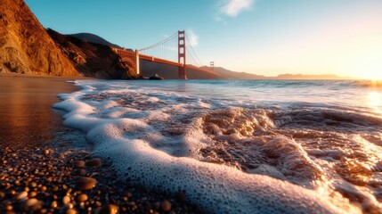 This image captures the iconic Golden Gate Bridge at sunset, with gentle ocean waves lapping at the shore, symbolizing a blend of nature and engineering marvels.