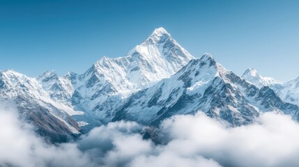Obraz premium A breathtaking view of majestic snow-capped mountain peaks rising high against a clear blue sky, representing natural beauty and the grandeur of the earth’s landscape.