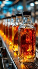 Bottles of amber liquid move along a production line in a distillery during the late afternoon