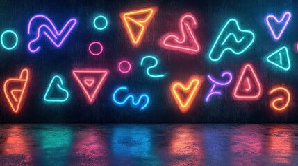 Neon shapes on dark wall. Colorful abstract patterns
