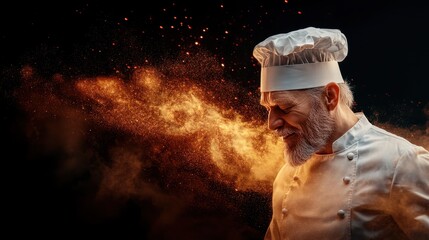 An elderly chef with a focused expression stands in a kitchen filled with spices, embodying passion and artistry in the culinary world as he prepares delicious meals.