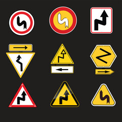 set of road signs with arrows Bend traffic
