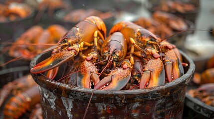 A close-up of a bucket filled with fresh lobsters captures the essence of a bountiful catch, highlighting the vibrancy of marine life and seafood culture.