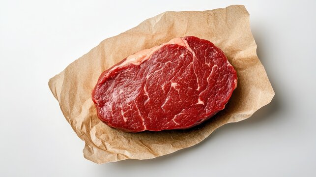 A high-quality, fresh cut of raw steak rests on butcher paper, emphasizing its rich color and marbled texture, ready for cooking or sale in a meat market.