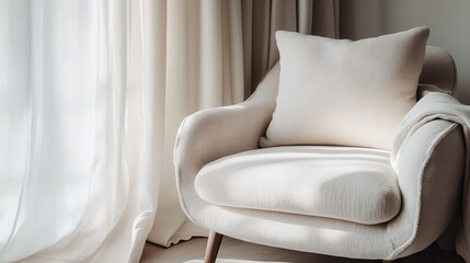 A beautifully designed minimalist chair sits in soft natural light, creating a warm and inviting atmosphere perfect for relaxation and comfort in a serene setting.
