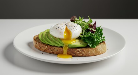 Indulge in this vibrant avocado toast topped with a perfectly poached egg and fresh greens.