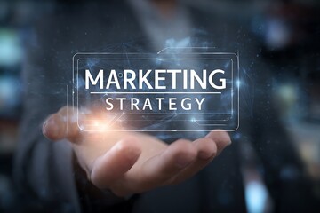 High quality photo of businessman holding a virtual marketing strategy icon and the text "MARKETING STRATEGY" in his hands, with a digital technology background. The businessman is.
