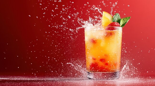 This vibrant image captures a beautifully styled cocktail splashing against a vivid background, symbolizing celebration, joy, and the art of mixology.