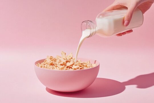 Woman pouring milk from bottle into bowl of cereal on pink background - Powered by Adobe