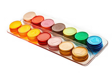 Colorful chocolate candy coins set in tray, sweet confectionery treats, dessert, food photography, isolated on transparent background