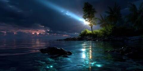 Nighttime coastal landscape illuminated by moonlight and a guiding beam, showcasing serene waters and lush vegetation