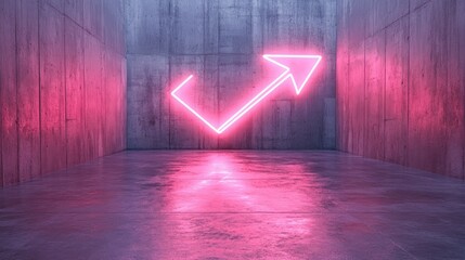 Neon pink arrow graphic on textured concrete room
