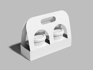 White Blank Two Drink Cups with Holder Mockup 3D Rendering For Coffee Packaging