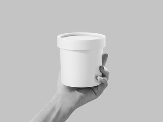 Hand Holding White Cup Packaging Mockup for Ice Cream and Yogurt 3D Rendering on Gray Background