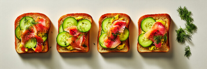 Delicately arranged toasts topped with smoked salmon, fresh cucumber slices, and herbs on a white serving platter create a visually appealing breakfast ideal for any occasion, banner