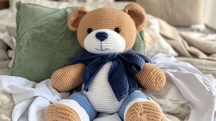 Adorable Crochet Teddy Bear in Blue Cardigan on Bed