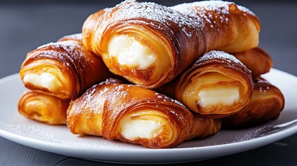 A tempting selection of fresh cream-filled pastries dusted with powdered sugar, showcasing the culinary craftsmanship and inviting sweetness that delights the senses.
