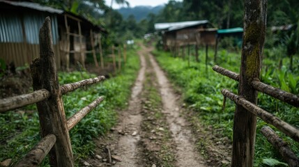 A rustic pathway meanders through lush greenery towards a quaint settlement, embodying the charm of rural life and the beauty of nature's harmony with human habitation.