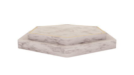 Sleek two-tiered hexagonal marble display with subtle gold accents, perfect for luxurious product presentations on a transparent background.

