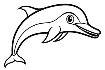 Black outlined dolphin with big eyes swims gracefully, a simplified drawing