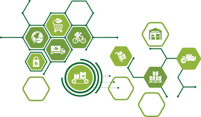 green logistics and supply chain vector illustration. Concept with connected icons related to sustainable transport	
