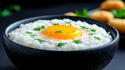 Creamy Rice Dish with Fresh Herbs and a Bright Egg Yolk Served in a Black Bowl on a Dark Surface with Soft Baked Breads in the Background