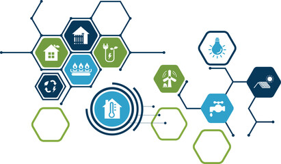 Power saving and Domestic energy vector illustration. Green concept with icons lowering energy cost, energy efficiency, adjusting thermostat temperature.