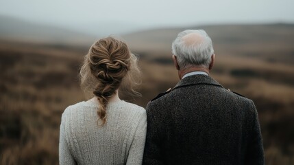 A poignant moment captured featuring a young woman and an elderly man standing side by side, gazing into vast landscapes, representing the bond between generations and shared experiences.