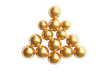Golden pearls arranged in triangle shape, shiny sphere ornaments, decorative balls, jewelry elements, gold color, isolated on transparent background