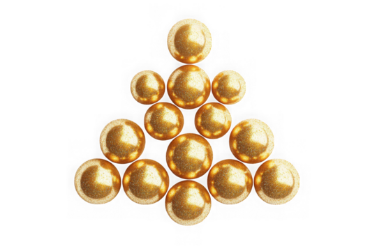 Golden pearls arranged in triangle shape, shiny sphere ornaments, decorative balls, jewelry elements, gold color, isolated on transparent background
