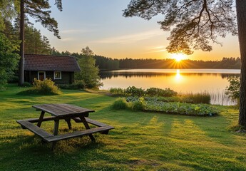 Obraz premium Lakeside cabin at sunset, picnic table