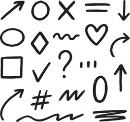 Vector swoosh doodles, hand drawn, arrows, speech bubble, heart, check mark, cross mark, square, circle, exclamation mark, star, curly, bracket, hashtag, geometric shapes, sketch. Black eps file.