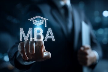 High quality photo of digital icon of an MBA degree floating above a hand on a screen, with "MBA" written in white font below it. The background is blue, with a business person.