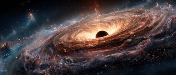 Black hole. Massive, dark vortex at center, warping, sucking in streams of multicolored starlight and glowing gas. Distorted galaxy reflections curve around the event horizon. Deep space backdrop
