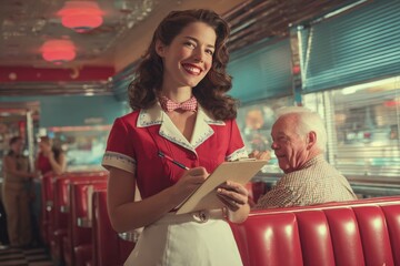 Smiling waitress holding a notepad in 1950s style diner with red upholstery and elderly man eating at table in background creating nostalgic setting