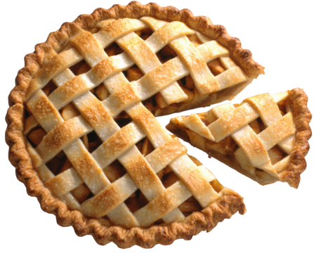 Pie chart dessert pastry lattice crust golden sweet slice isolated—A delicious pie with lattice crust is shaped like pie chart with one slice separated showing golden sweet filling and flaky