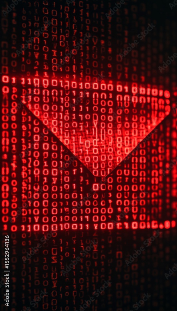 Poster red email envelope with binary code symbolizing cyber threats and phishing attacks online