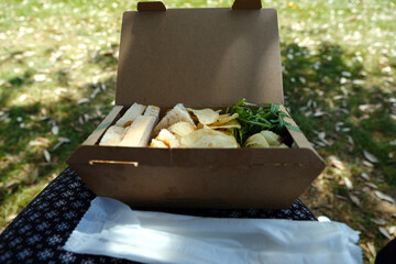 Cardboard picnic box with sandwich, crisps and salad outside in a sunny park outdoor setting