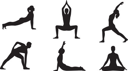 Fototapeta premium Silhouette of a woman performing yoga poses in various athletic and fitness positions on white background